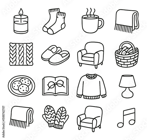 Cozy hygge icon collection. comfort, warmth linear icons: candle, socks, mug, blanket, sweater vector icons.
