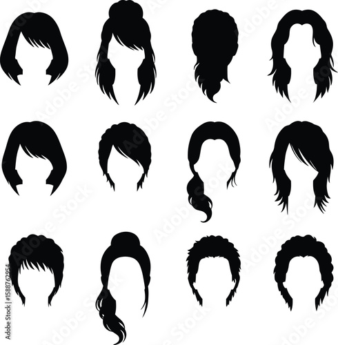 Black Hair Wig & Hairstyle Silhouettes: Diverse Cuts, Lengths & Textures for Fashion, Beauty & Character Design – Vector Graphics.