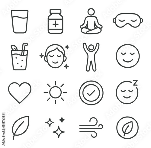 Wellness icon collection: simple line health, meditation, yoga, sleep, nature, relaxation vector icons