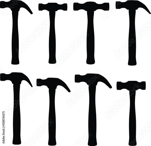 Black Hammer Silhouettes Pack: Essential Tools for Construction, Carpentry, DIY & Home Improvement Projects – Vector Icons.
