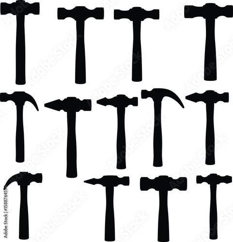 Black Hammer Silhouettes Collection: Essential Tools for Construction, Carpentry, DIY & Home Repair Projects – Vector Icons.