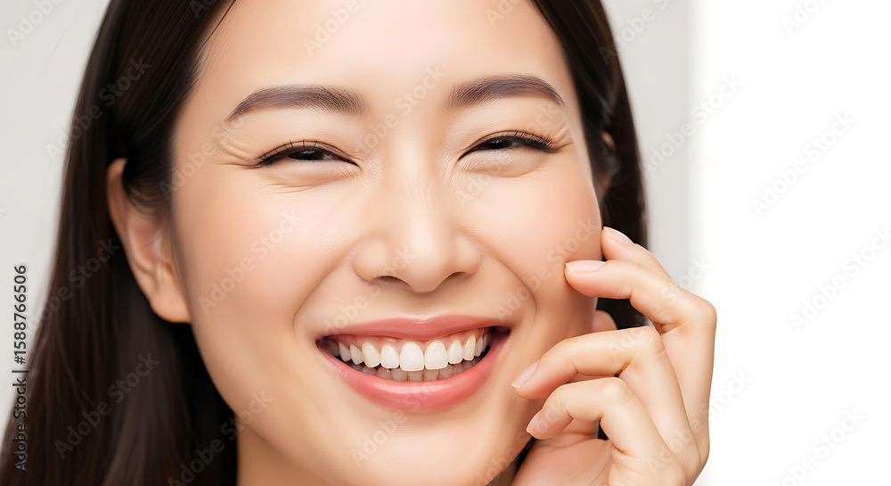 Woman with dark hair touching cheek smiling happily happy Woman with dark hair touching cheek smiling happily happy