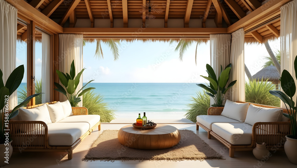 Fototapeta premium Relaxing open-air lounge in a coastal bungalow, featuring bamboo decor, ocean view, and natural seaside ambiance in soft neutral tones.
