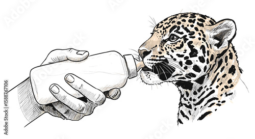 Vintage retro sketch of a hand feeding a newborn jaguar with a milk bottle, Amazon biodiversity and animal rescue – a hand drawn black and white vector doodle illustration, engraving or woodcut svg

