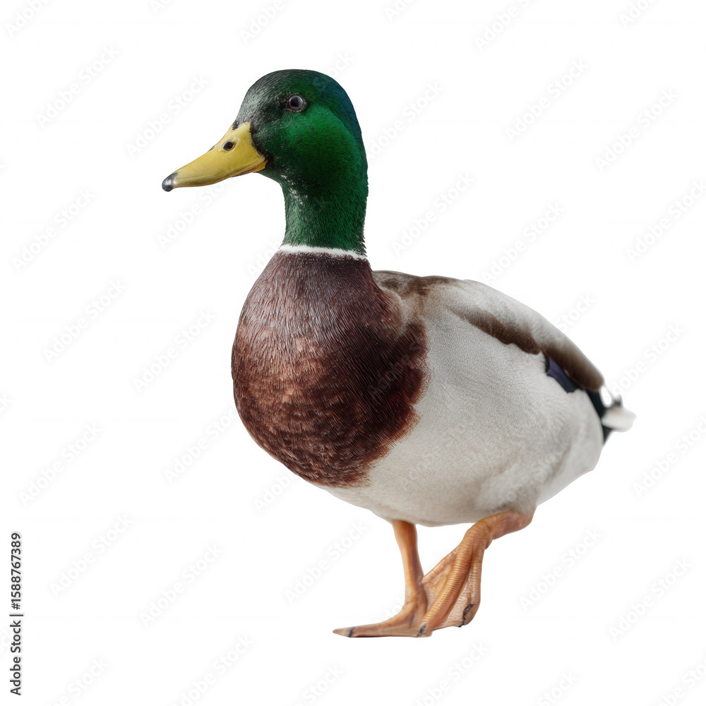 Obraz premium A vibrant, realistic depiction of a mallard duck standing gracefully. The striking green head, brown chest, and white body contrast against a white isolated background.