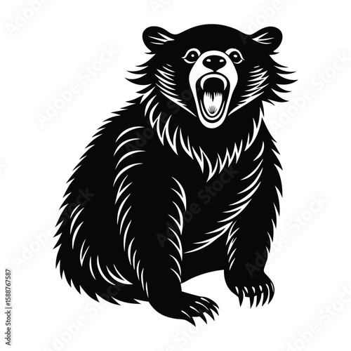 Roaring Bear Cub Black and White Illustration
