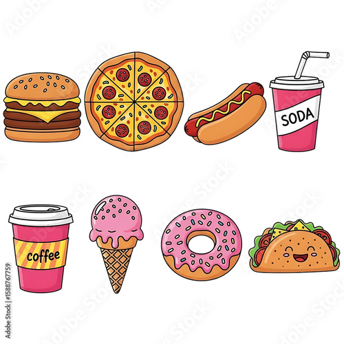 Collection of cute kawaii fast food items isolated on transparent background