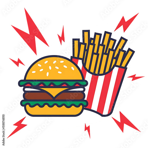 Stylized burger and fries with red lightning bolts isolated on transparent background