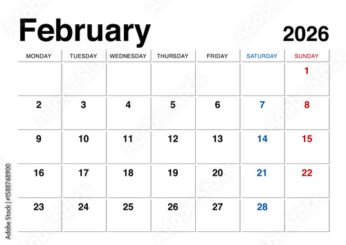 2026年2月のカレンダー月曜始まり 日本の祝日表記無し
