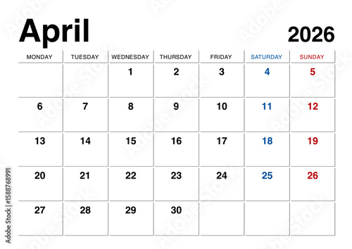 2026年4月のカレンダー月曜始まり 日本の祝日表記無し
