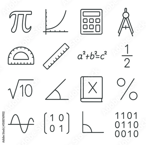 Mathematics icon collection. simple equations, charts, calculator, ruler, geometry, linear vector icons.