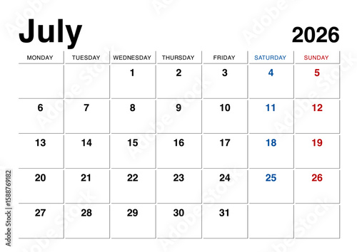 2026年7月のカレンダー月曜始まり 日本の祝日表記無し