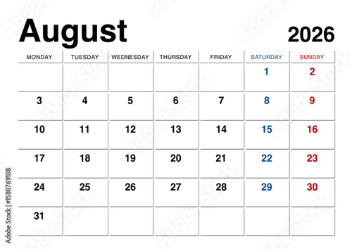 2026年8月のカレンダー月曜始まり 日本の祝日表記無し