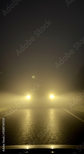 Foggy night road, headlights illuminating