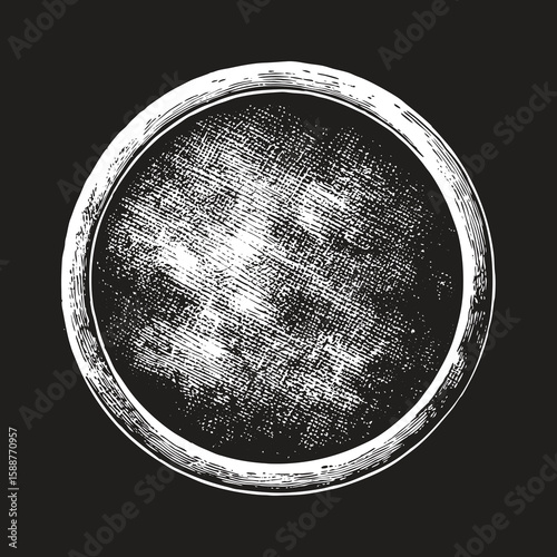 Textured white circle with a rough, distressed outline against a black background, evoking a vintage or grunge aesthetic
