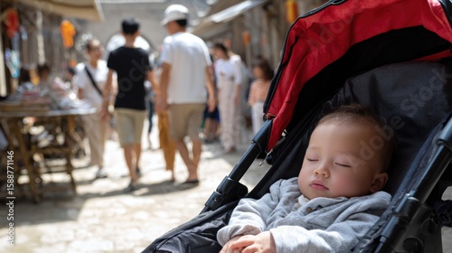 Fototapeta Naklejka Na Ścianę i Meble -  A baby is sleeping in a stroller in a busy street