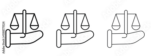Justice scales in Hand icon thin line symbol on white background, editable stroke vector illustration