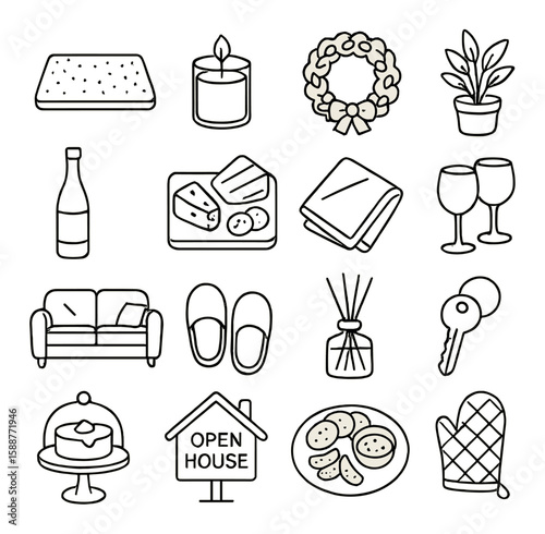 Housewarming essentials icon collection. simple style: candle, wine, plant, key, sofa, vector icons.