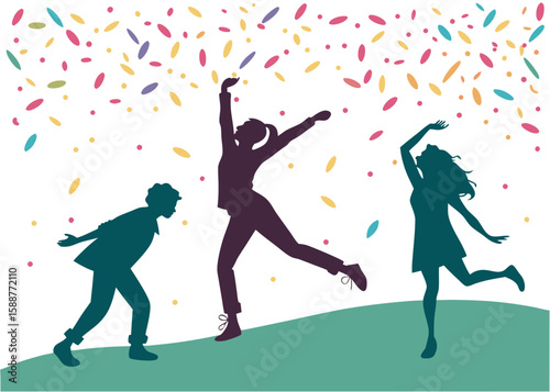 Diverse group of people celebrating and dancing under falling confetti