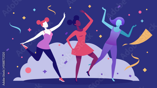 Three diverse women dancing joyfully at a party with confetti and streamers