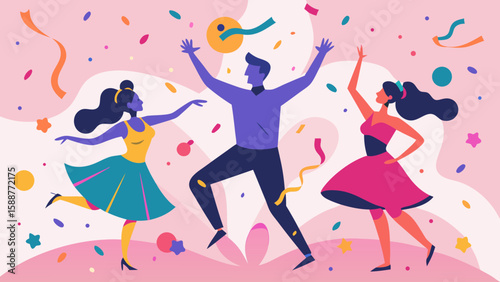 Joyful people dancing and celebrating with confetti and streamers