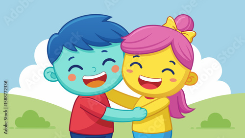 Joyful cartoon children hugging outdoors with a bright blue sky and green hills