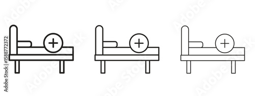 Hospital bed icon thin line symbol on white background, editable stroke vector illustration