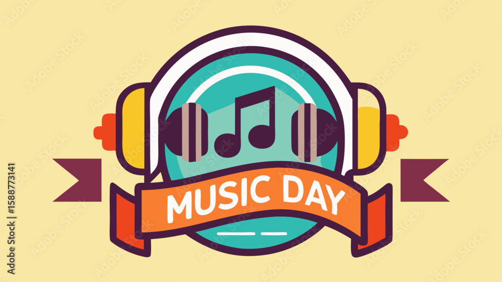 Fototapeta premium Fun cartoon illustration of headphones with musical notes and music day text