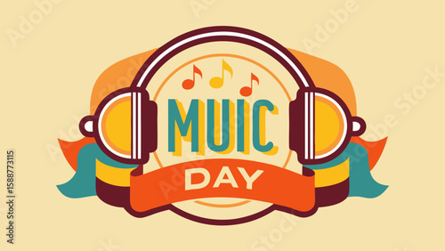 Retro style headphones with music notes and text music day celebration