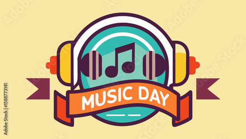 Fun cartoon illustration of headphones with musical notes and music day text