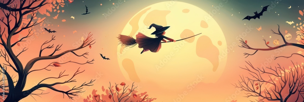 Enchanting halloween night with witch flying across full moon sky. Horizontal banner. Copy space. Free space for text Enchanting halloween night with witch flying across full moon sky. Horizontal banner. Copy space. Free space for text