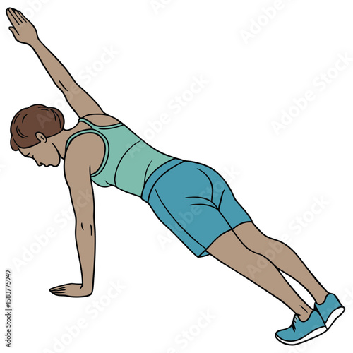 Woman performing a side plank exercise with one arm extended upwards