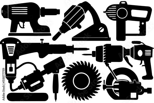 Silhouette set of various power tools, including drills and saws, arranged on a plain white background