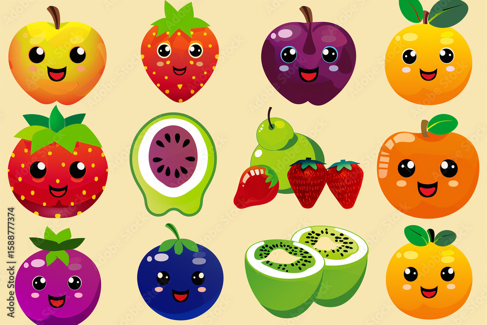 Fototapeta premium Different fruits with eyes, children's cover