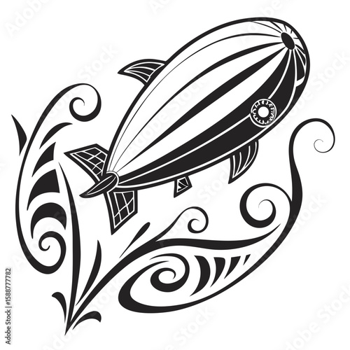 Steampunk zeppelin illustration with decorative swirls