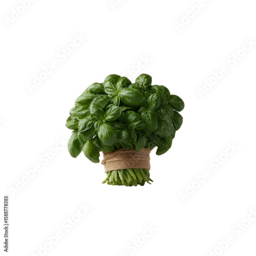 Fresh basil bundle with vibrant green leaves tied with twine, perfect for culinary uses, garnishing dishes, and enhancing flavors.