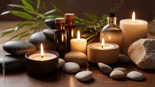  Luxury spa scene with smooth river stones, bamboo, candles, and essential oil bottles on wooden surface with soft lighting