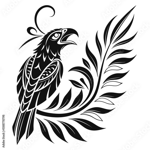 Stylized eagle with ornate plumage on a branch, isolated