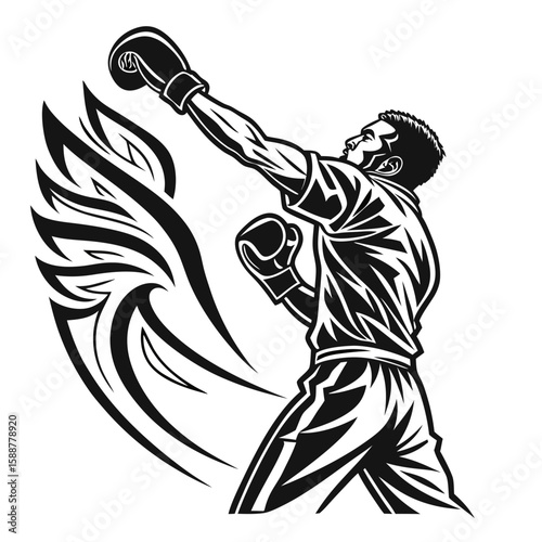 Boxer throwing a powerful punch with tribal accents