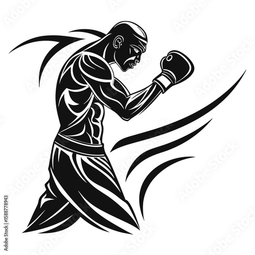 Boxer in a defensive stance with tribal design elements