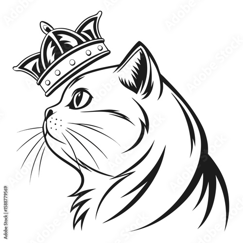 Cat wearing a crown, depicted in a regal profile illustration