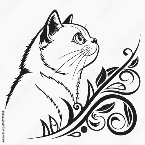 Elegant cat illustration with swirling floral elements looking up