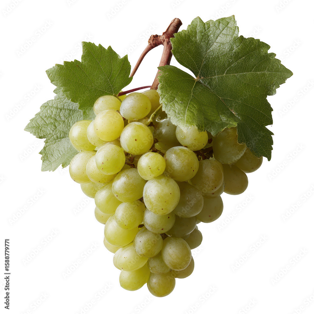 Obraz premium Fresh green grapes with leaves on a bright white background, perfect for healthy eating themes and fruit-related concepts.