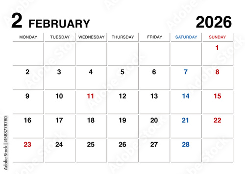 2026年2月のカレンダー月曜始まり