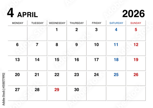 2026年4月のカレンダー月曜始まり