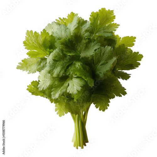 Fresh green leaves of cilantro arranged in a bunch, isolated on a white background, perfect for culinary and healthy lifestyle themes.