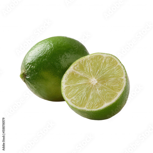 Fresh green limes, one whole and one sliced in half, showcasing the juicy interior against a white isolated background.