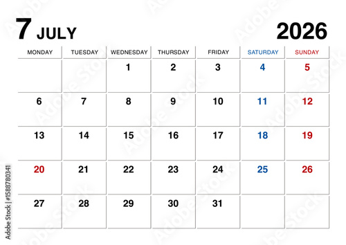 2026年7月のカレンダー月曜始まり