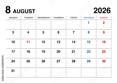 2026年8月のカレンダー月曜始まり