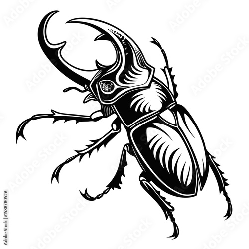 A detailed black and white illustration of a stag beetle with large horns